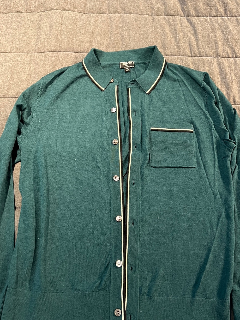 Todd Snyder Forest Green Button-Down Sweater with Cream Piping